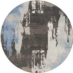 HomeRoots 8' Round Washable Area Rug in Brown, Ivory & Blue - Stylish Indoor/Outdoor Abstract Design, Durable & Easy-Care 660819