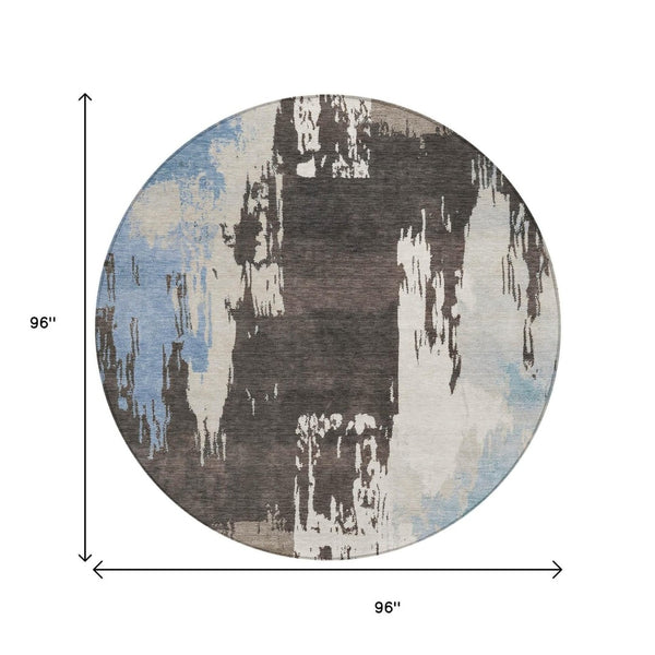 HomeRoots 8' Round Washable Area Rug in Brown, Ivory & Blue - Stylish Indoor/Outdoor Abstract Design, Durable & Easy-Care 660819