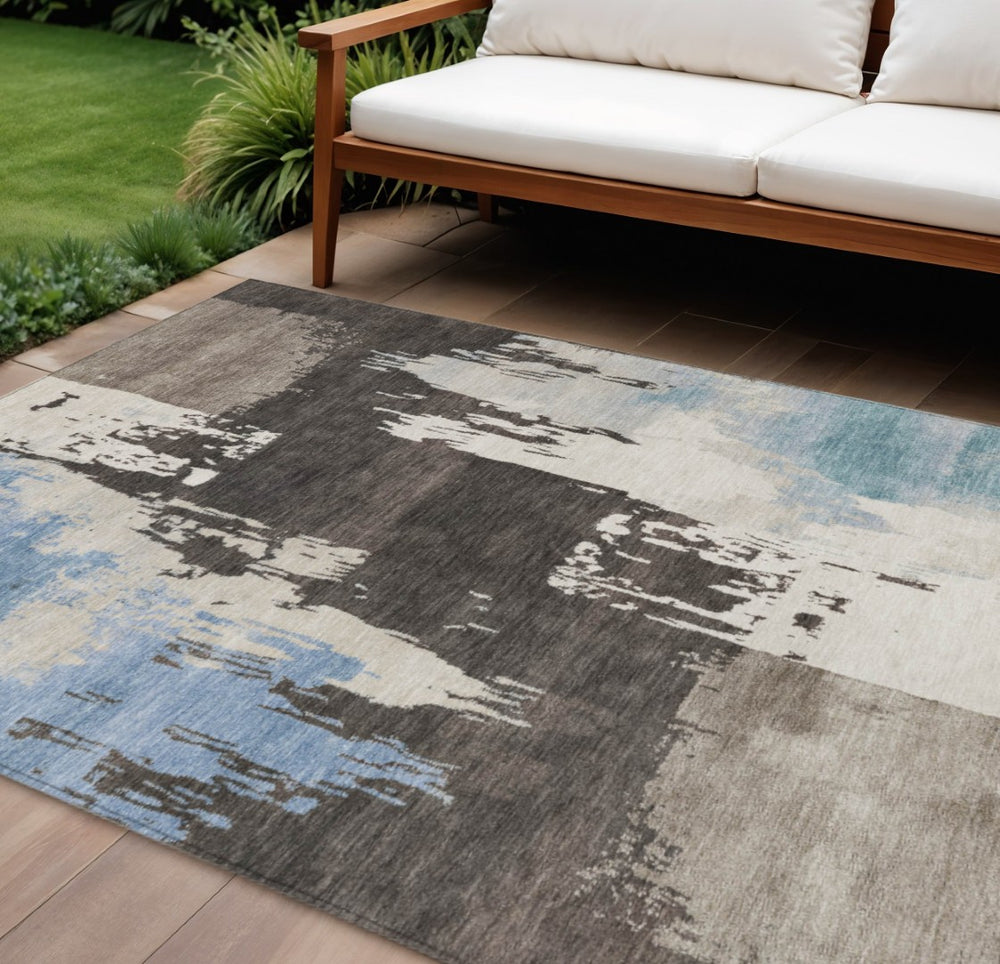 HomeRoots 8' X 10' Washable Area Rug - Stylish Brown, Ivory & Blue Abstract Design for Indoor & Outdoor Use 660820