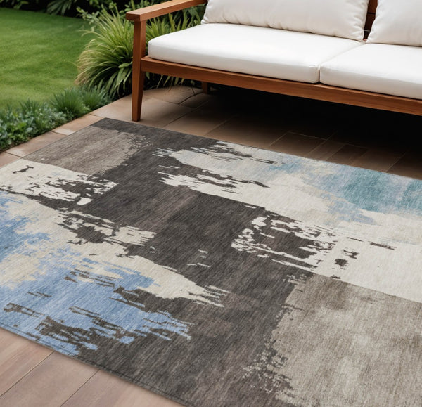 HomeRoots 8' X 10' Washable Area Rug - Stylish Brown, Ivory & Blue Abstract Design for Indoor & Outdoor Use 660820