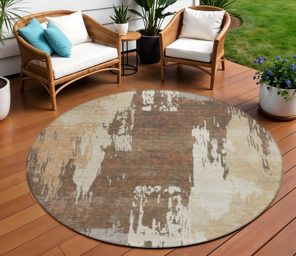 HomeRoots 8' Round Abstract Area Rug in Rust, Ivory & Gray - Washable, Durable for Indoor & Outdoor Spaces 660825