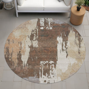 HomeRoots 8' Round Abstract Area Rug in Rust, Ivory & Gray - Washable, Durable for Indoor & Outdoor Spaces 660825
