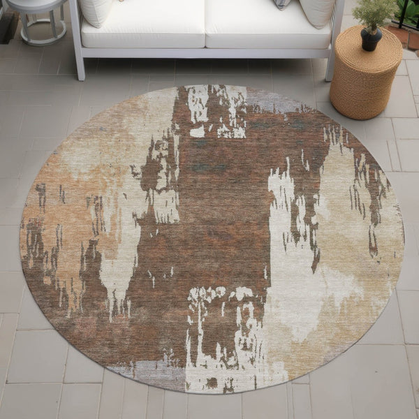 HomeRoots 8' Round Abstract Area Rug in Rust, Ivory & Gray - Washable, Durable for Indoor & Outdoor Spaces 660825