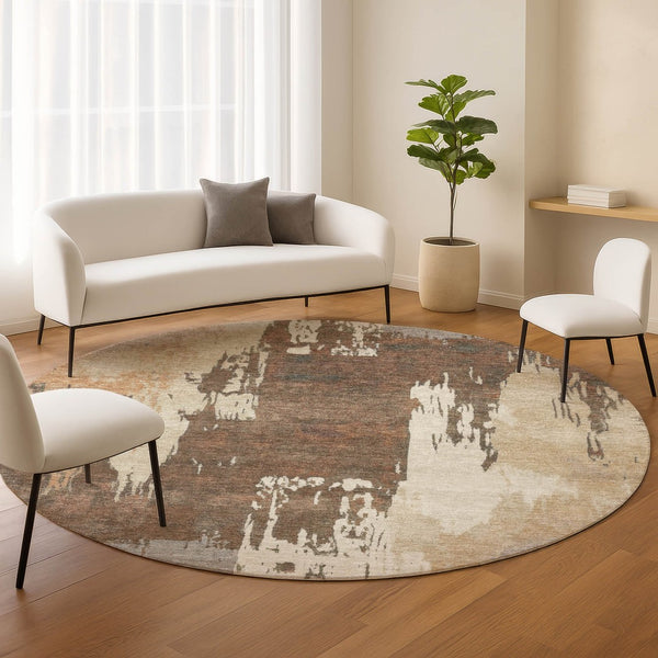 HomeRoots 8' Round Abstract Area Rug in Rust, Ivory & Gray - Washable, Durable for Indoor & Outdoor Spaces 660825