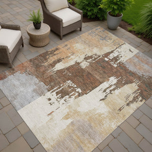 HomeRoots 10' X 14' Abstract Rust Ivory Gray Washable Rug - Durable Indoor Outdoor Area Rug for High-Traffic Spaces 660828