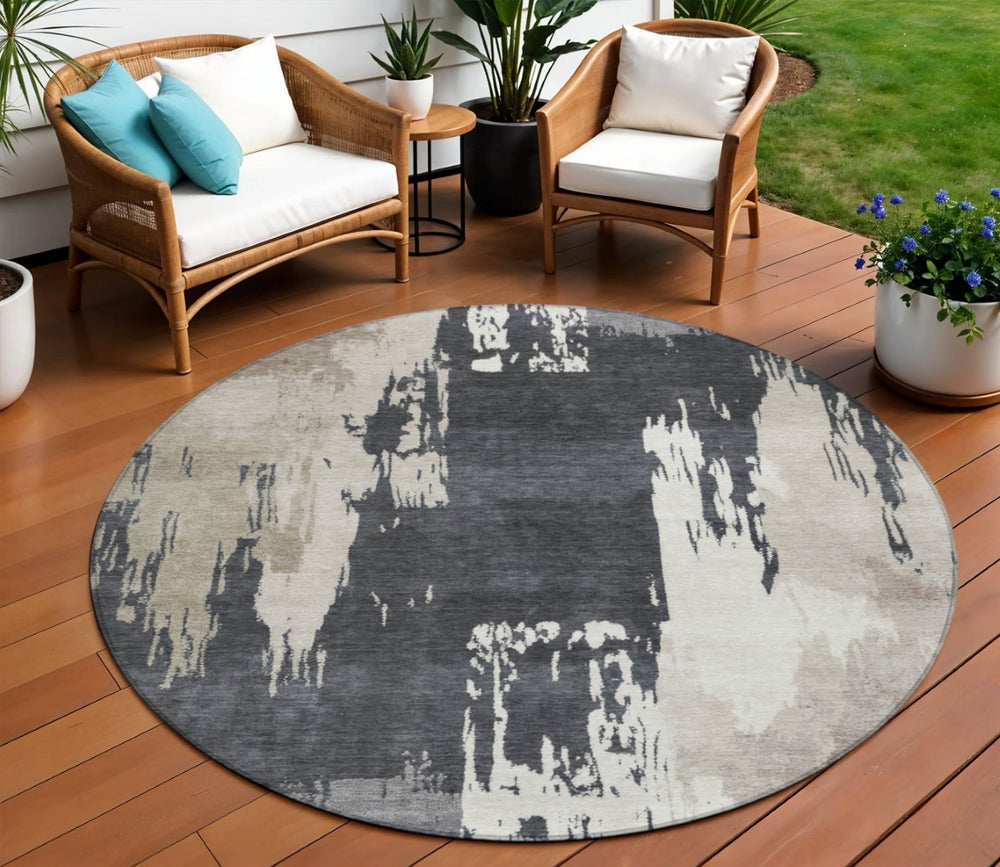 HomeRoots 8' Charcoal Ivory and Beige Round Abstract Area Rug – Stylish, Washable, Durable for Indoor & Outdoor Use 660831