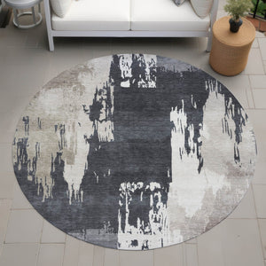 HomeRoots 8' Charcoal Ivory and Beige Round Abstract Area Rug – Stylish, Washable, Durable for Indoor & Outdoor Use 660831