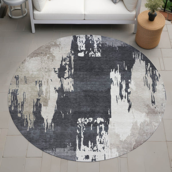 HomeRoots 8' Charcoal Ivory and Beige Round Abstract Area Rug – Stylish, Washable, Durable for Indoor & Outdoor Use 660831