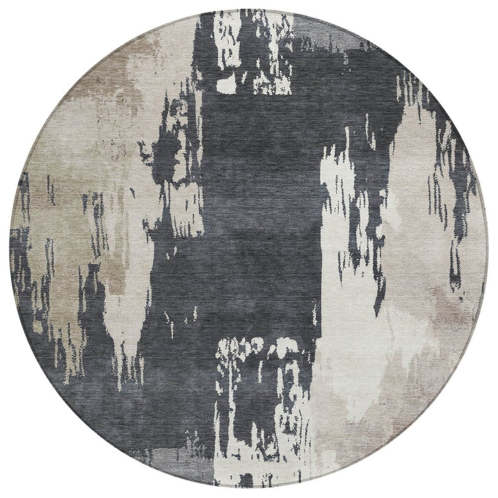 HomeRoots 8' Charcoal Ivory and Beige Round Abstract Area Rug – Stylish, Washable, Durable for Indoor & Outdoor Use 660831
