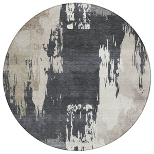 HomeRoots 8' Charcoal Ivory and Beige Round Abstract Area Rug – Stylish, Washable, Durable for Indoor & Outdoor Use 660831