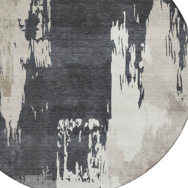 HomeRoots 8' Charcoal Ivory and Beige Round Abstract Area Rug – Stylish, Washable, Durable for Indoor & Outdoor Use 660831