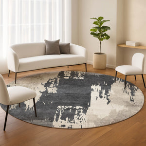 HomeRoots 8' Charcoal Ivory and Beige Round Abstract Area Rug – Stylish, Washable, Durable for Indoor & Outdoor Use 660831