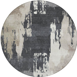 HomeRoots 8' Charcoal Ivory and Beige Round Abstract Area Rug – Stylish, Washable, Durable for Indoor & Outdoor Use 660831
