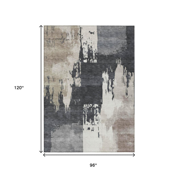 HomeRoots 8' X 10' Charcoal Ivory Beige Abstract Rug - Washable, Durable, Stylish for Indoor & Outdoor Spaces 660832