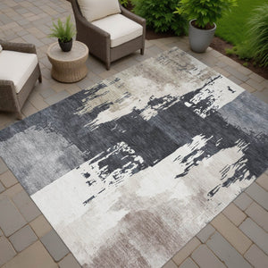 HomeRoots 8' X 10' Charcoal Ivory Beige Abstract Rug - Washable, Durable, Stylish for Indoor & Outdoor Spaces 660832