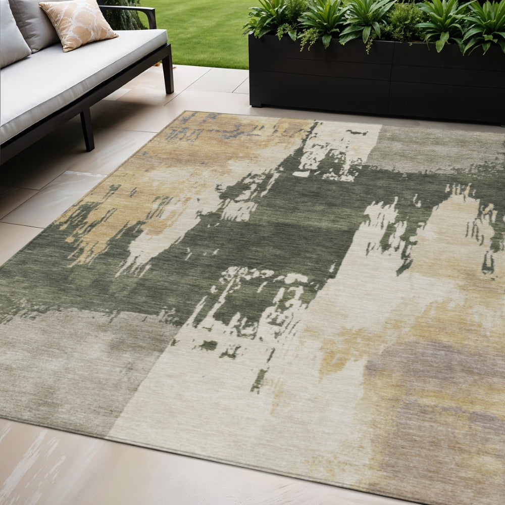 HomeRoots 5' X 8' Abstract Washable Area Rug in Olive Green, Ivory & Tan – Durable Indoor/Outdoor Style! 660836