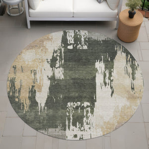 HomeRoots 8' Round Abstract Area Rug in Olive Green, Ivory & Tan - Washable, Durable for Indoor & Outdoor Use! 660837
