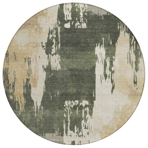 HomeRoots 8' Round Abstract Area Rug in Olive Green, Ivory & Tan - Washable, Durable for Indoor & Outdoor Use! 660837