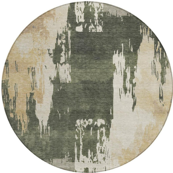 HomeRoots 8' Round Abstract Area Rug in Olive Green, Ivory & Tan - Washable, Durable for Indoor & Outdoor Use! 660837