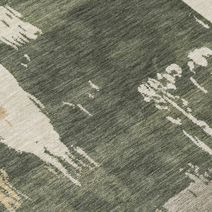 HomeRoots 8' Round Abstract Area Rug in Olive Green, Ivory & Tan - Washable, Durable for Indoor & Outdoor Use! 660837