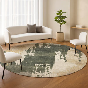 HomeRoots 8' Round Abstract Area Rug in Olive Green, Ivory & Tan - Washable, Durable for Indoor & Outdoor Use! 660837