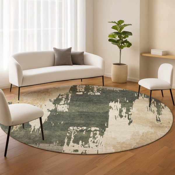 HomeRoots 8' Round Abstract Area Rug in Olive Green, Ivory & Tan - Washable, Durable for Indoor & Outdoor Use! 660837