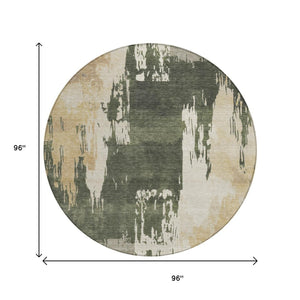 HomeRoots 8' Round Abstract Area Rug in Olive Green, Ivory & Tan - Washable, Durable for Indoor & Outdoor Use! 660837