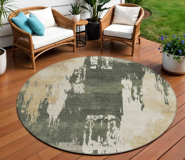 HomeRoots 8' Round Abstract Area Rug in Olive Green, Ivory & Tan - Washable, Durable for Indoor & Outdoor Use! 660837