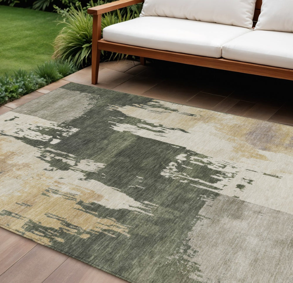 HomeRoots 10' Olive Green Abstract Washable Area Rug – Durable Indoor/Outdoor Design for High-Traffic Spaces 660840