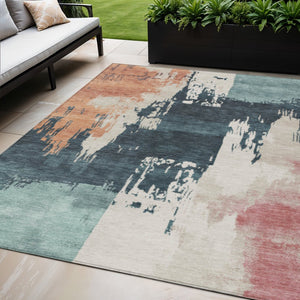 HomeRoots 5' X 8' Abstract Area Rug in Teal Blue, Pink & Orange - Durable, Washable for Indoor & Outdoor Use 660842