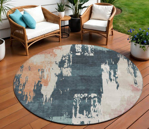 HomeRoots 8' Vibrant Teal Blue, Pink & Orange Round Abstract Area Rug - Washable, Versatile for Indoor & Outdoor Use 660843