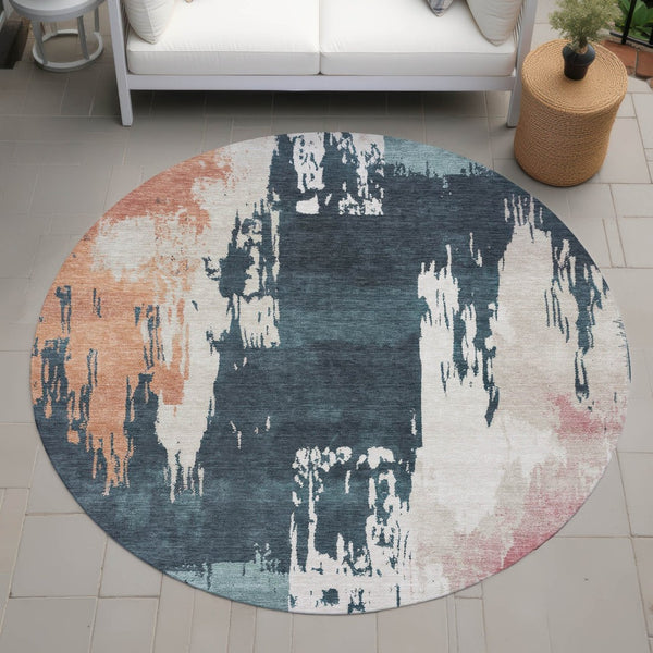 HomeRoots 8' Vibrant Teal Blue, Pink & Orange Round Abstract Area Rug - Washable, Versatile for Indoor & Outdoor Use 660843