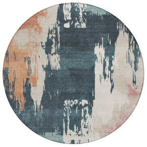 HomeRoots 8' Vibrant Teal Blue, Pink & Orange Round Abstract Area Rug - Washable, Versatile for Indoor & Outdoor Use 660843