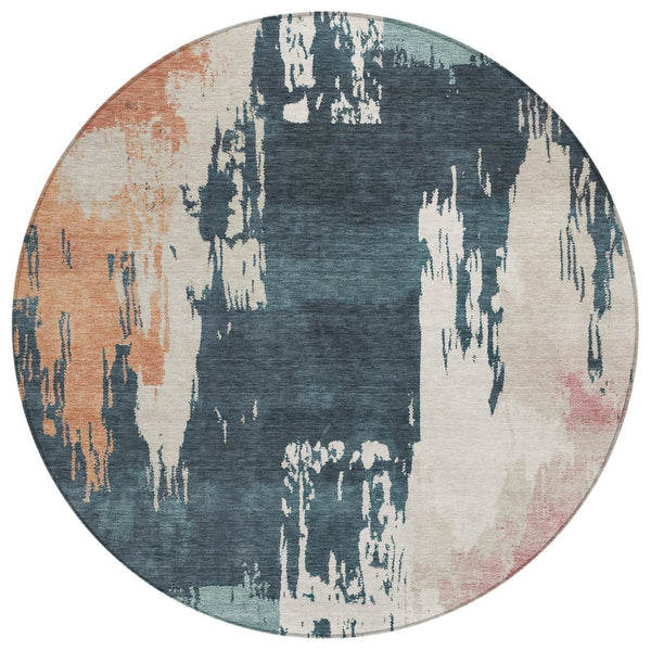 HomeRoots 8' Vibrant Teal Blue, Pink & Orange Round Abstract Area Rug - Washable, Versatile for Indoor & Outdoor Use 660843