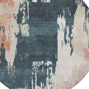 HomeRoots 8' Vibrant Teal Blue, Pink & Orange Round Abstract Area Rug - Washable, Versatile for Indoor & Outdoor Use 660843