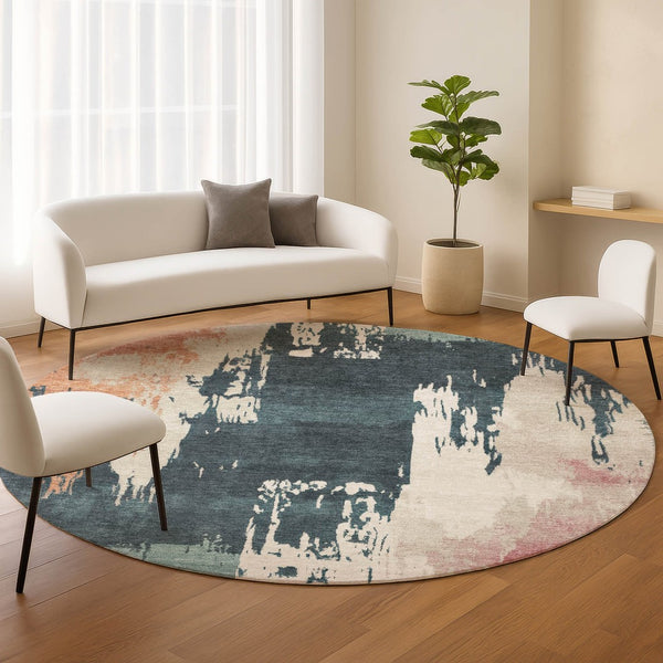 HomeRoots 8' Vibrant Teal Blue, Pink & Orange Round Abstract Area Rug - Washable, Versatile for Indoor & Outdoor Use 660843