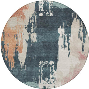 HomeRoots 8' Vibrant Teal Blue, Pink & Orange Round Abstract Area Rug - Washable, Versatile for Indoor & Outdoor Use 660843