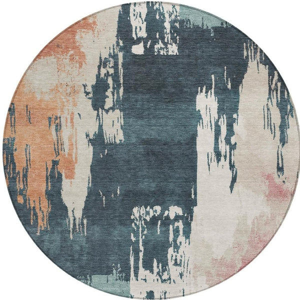 HomeRoots 8' Vibrant Teal Blue, Pink & Orange Round Abstract Area Rug - Washable, Versatile for Indoor & Outdoor Use 660843