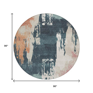 HomeRoots 8' Vibrant Teal Blue, Pink & Orange Round Abstract Area Rug - Washable, Versatile for Indoor & Outdoor Use 660843