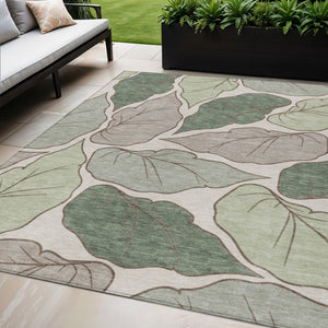 HomeRoots 5' X 8' Fern Green Botanical Leaves Rug – Washable, Durable, Indoor/Outdoor Area Rug for Modern Spaces 660848
