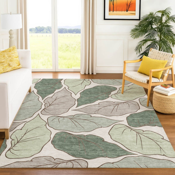 HomeRoots 5' X 8' Fern Green Botanical Leaves Rug – Washable, Durable, Indoor/Outdoor Area Rug for Modern Spaces 660848