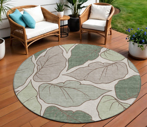 HomeRoots 8' Fern Green Round Area Rug - Modern Botanical Leaves Design, Washable & Durable for Indoor/Outdoor Use 660849