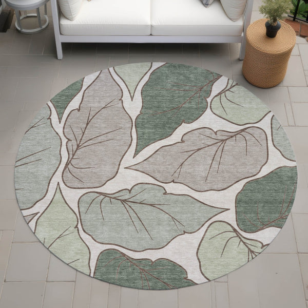 HomeRoots 8' Fern Green Round Area Rug - Modern Botanical Leaves Design, Washable & Durable for Indoor/Outdoor Use 660849