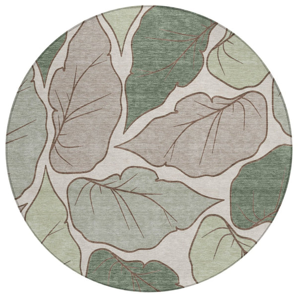 HomeRoots 8' Fern Green Round Area Rug - Modern Botanical Leaves Design, Washable & Durable for Indoor/Outdoor Use 660849