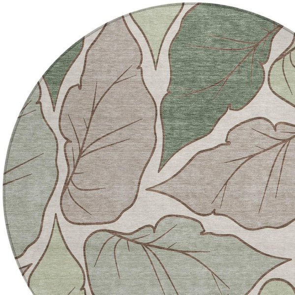HomeRoots 8' Fern Green Round Area Rug - Modern Botanical Leaves Design, Washable & Durable for Indoor/Outdoor Use 660849