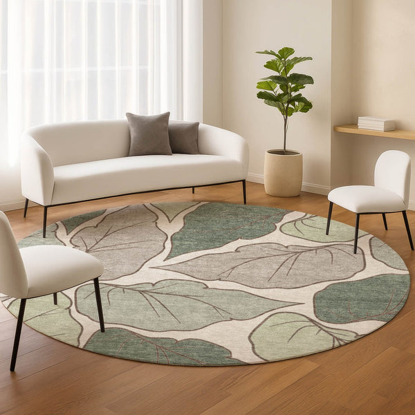 HomeRoots 8' Fern Green Round Area Rug - Modern Botanical Leaves Design, Washable & Durable for Indoor/Outdoor Use 660849