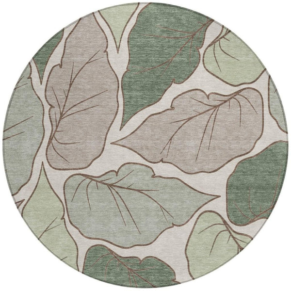 HomeRoots 8' Fern Green Round Area Rug - Modern Botanical Leaves Design, Washable & Durable for Indoor/Outdoor Use 660849