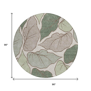 HomeRoots 8' Fern Green Round Area Rug - Modern Botanical Leaves Design, Washable & Durable for Indoor/Outdoor Use 660849