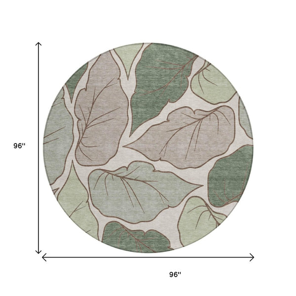 HomeRoots 8' Fern Green Round Area Rug - Modern Botanical Leaves Design, Washable & Durable for Indoor/Outdoor Use 660849