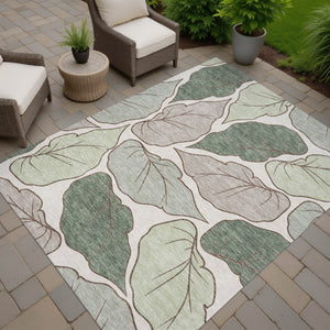 HomeRoots 8' X 10' Washable Fern Green and Ivory Botanical Leaves Rug - Perfect for Indoor & Outdoor Spaces! 660850